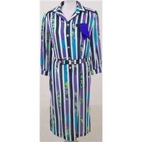 Vintage 1980s Schneberger, size 14 white, blue and purple striped cotton dress