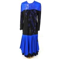 Vintage 1980s JB Fashion Size S Heavily Beaded Bright Blue and Black Pure Silk Drop Waist Peplum Hem Evening Dress