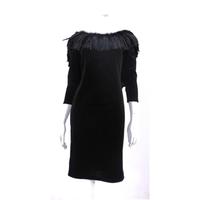 Vintage Circa 1980\'s Ann Green Size S Feather Embellished Black Velvet Dress