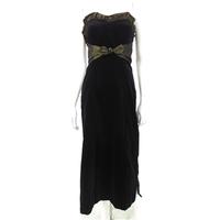 Vintage 1980\'s Laura Ashley Size 12 Black Velvet Strapless Dress With Gold And Black Striped Fluted Neckline And Belt