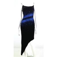 Vintage 90\'s Black Velvet Asymmetric Dress, with Spaghetti Straps and Blue Ombre Glitter Fade in a Flattering Shape