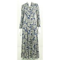 Vintage Handmade Size 10 Royal Blue, Grey And White Floral Print Long Shirt Dress