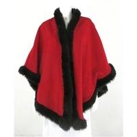 Vintage Telephone Box Red Thin Woolen Cape With Chocolate Brown Faux Fur Edging