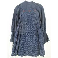 Vintage Handmade Size S Navy Blue And White Polka Dot With Floral Embellishments Long Top