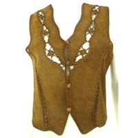 Vintage Handcrafted Unbranded Size S Dark Caramel Brown Suede And Crochet Waistcoat
