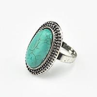 Vintage Look Female Green Tibet Alloy Oval Turquoise Adjustable Ring (Green)(1pcs)