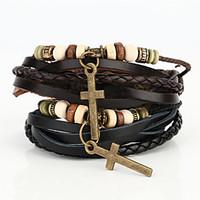 Vilam Vintage Crucifix Wood Bead Black/Brown Handmade Woven Leather Bracelet Jewelry Christmas Gifts