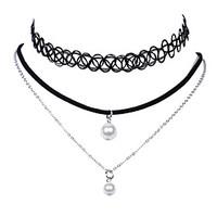 Vintage Classic Jewelry Simple Multilayers with 2 Faux Pearls Pendants Black Elastic Stretch Choker Necklace