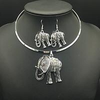 Vintage Retro Elephant Animal Pendant Necklace Drop Earrings Jewelry Set