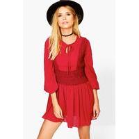 Volumised Sleeve Lace Skater Dress - merlot