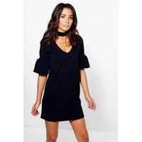 Volumised Flute Sleeve Choker Dress - navy