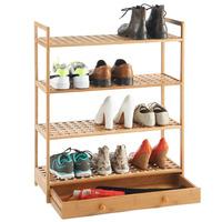 VonHaus 4-Tier Slimline Bamboo Shoe Rack/Shelf Organiser with Drawer