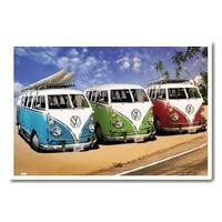 VW Campers On The Beach Poster White Framed - 96.5 x 66 cms (Approx 38 x 26 inches)