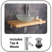 Wall Mounted Wooden Shelf Kit with Potenza Frosted Glass 31cm Round Basin With Brackets