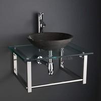 Wall Mounted 60cm Glass Shelf Kit with 40cm Portici Black Stone Sink and Tap