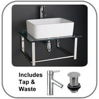 Wall Hung 60cm by 50cm Glass Shelf with Trieste Rectangular Bathroom Sink and Tap Set