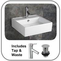 Wall Mounted Napoli 46.5cm by 46.5cm Washbasin with Mixer Tap and Plug Waste