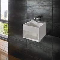 Wall Mounted Mexa 33cm by 33cm Pure White Solid Surface Contemporary Basin With Storage Shelf