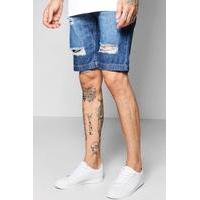 Wash Long Length Distressed Denim Board Shorts - indigo