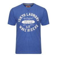 Wave Riders Motif Cotton T-Shirt in Cornflower Blue Marl  Tokyo Laundry