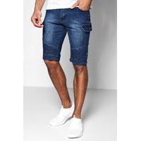 wash loose fit denim biker shorts with cargo details indigo