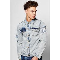 wash denim jacket with open rips blue