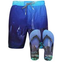 Waterworld Swim Shorts in Blue Sunset Beach with Free Matching Flip Flops  Tokyo Laundry