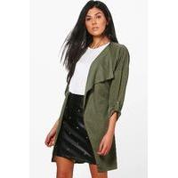 Waterfall Ruched Back Belted Duster - khaki