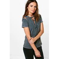 Washed Lace Up & Sleeve Tee - grey