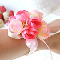 wedding flowers round roses wrist corsages wedding party evening satin ...