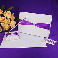 Wedding Guest Book And Pen Set In Satin With Blue Sash Sign In Book