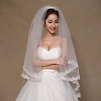 Wedding Veil Two-tier Fingertip Veils Lace Applique Edge Tulle Ivory