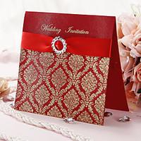 wedding invitation with gold printing and red ribbon set of 50