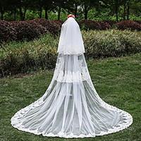 Wedding Veil Three-tier Cathedral Veils Lace Applique Edge Tulle Lace Ivory