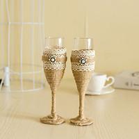 Wedding Accessories with Jute Pearl Sparkling Love Bride Groom Twisted Champagne Glasses Toasting Flutes, Set of 2