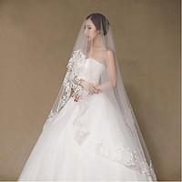 wedding veil one tier chapel veils lace applique edge tulle lace white