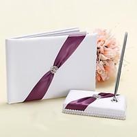 Wedding Guest Book and Pen Set in White and Purple Accent Sign In Book