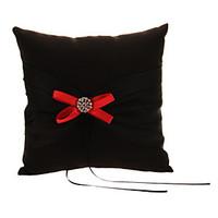 Wedding Ring Pillow In Black Satin With Red Bows And Black Polyester Banding