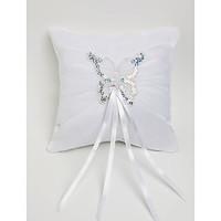 Wedding Ring Pillow In White Satin With Butterfly Decorated