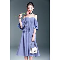 WEIWEIMEI Women\'s Daily Loose DressPlaid/Check Strap Midi Slings Cotton Spring Summer High Rise Micro-elastic Thin