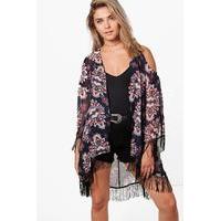 Western Print Cold Shoulder Tassel Kimono - multi