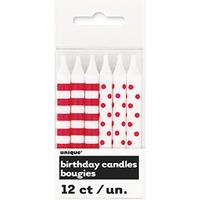 White & Red 12 Striped & Dots Party Candles