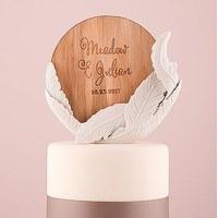 White Feather Porcelain Wedding Cake Topper with Personalised Veneer Disc in Feather Whimsy Design