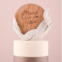 White Feather Porcelain Wedding Cake Topper with Personalised Veneer Disc in Free Spirit Design