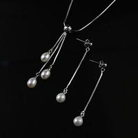 White A Pearl Necklace With Silver Chain Matching Earring