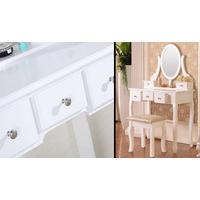 White 5 Drawer Makeup Dressing Table with Mirror & Stool Set