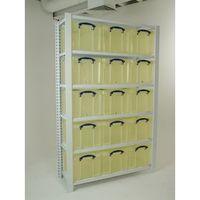 WHITE SHELVING WITH YELLOW TRANSPARENT BOXES