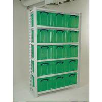 WHITE SHELVING WITH GREEN TRANSPARENT BOXES