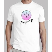 white shirt with pink and blue logo