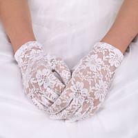 White Lace Elastic Silk Flower Shape Fingertips Wrist Length Bridal Gloves for Wedding Party